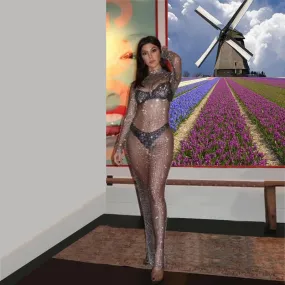 Shiny Rhinestones Grid Long Dress See Through Long Sleeves Fishnet Side Slit Long Dresses Chic Summer Beach Cover Up