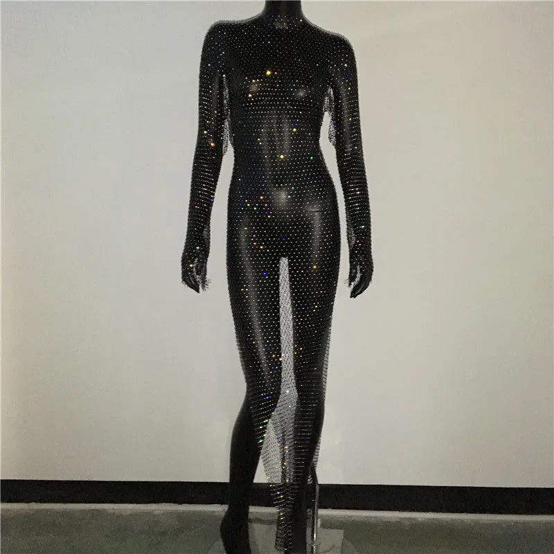 Shiny Rhinestones Grid Long Dress See Through Long Sleeves Fishnet Side Slit Long Dresses Chic Summer Beach Cover Up
