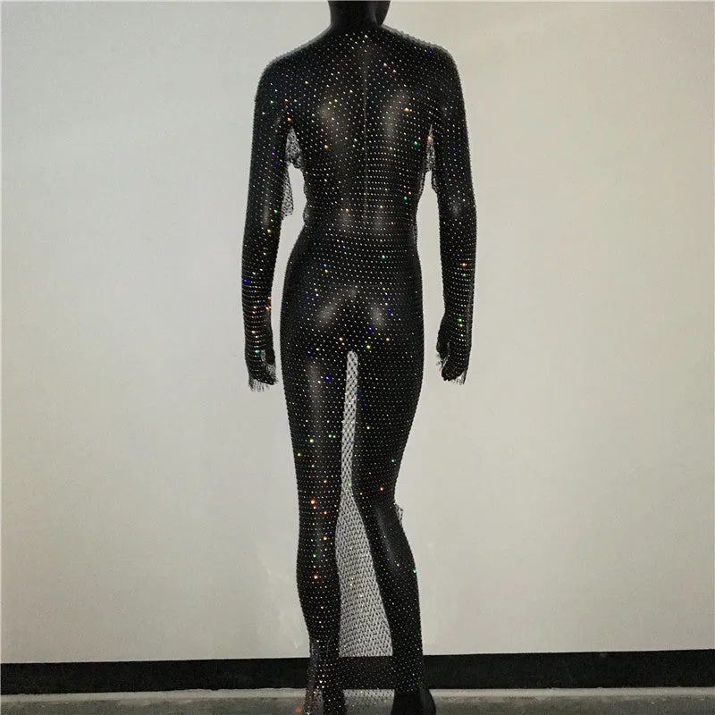 Shiny Rhinestones Grid Long Dress See Through Long Sleeves Fishnet Side Slit Long Dresses Chic Summer Beach Cover Up
