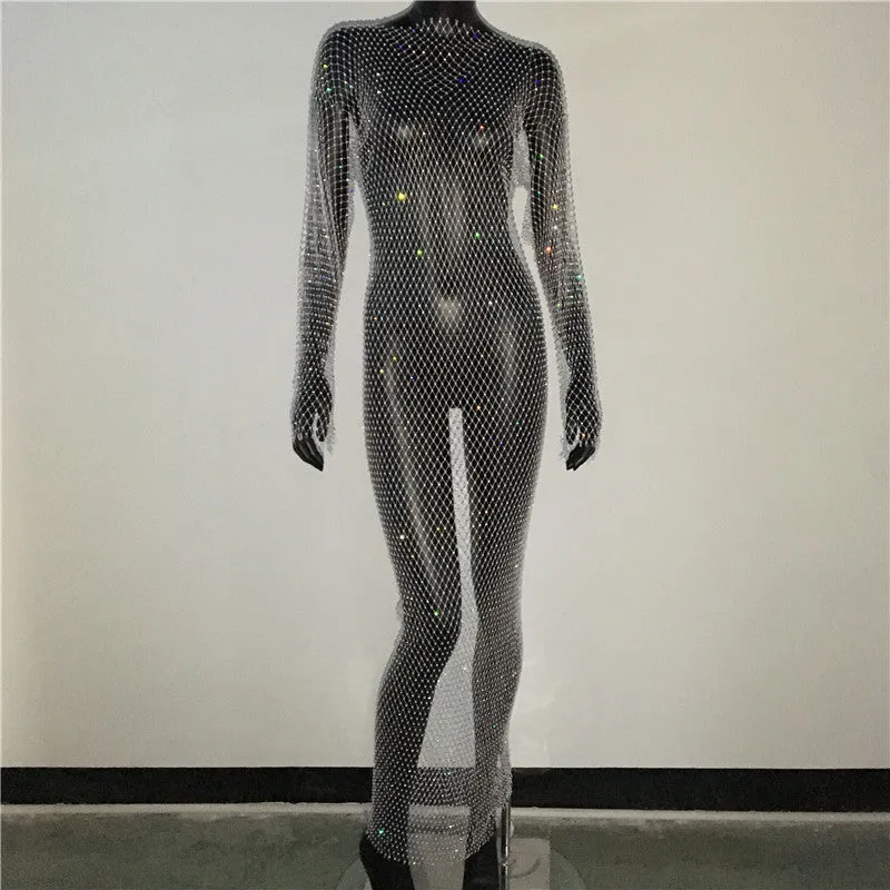 Shiny Rhinestones Grid Long Dress See Through Long Sleeves Fishnet Side Slit Long Dresses Chic Summer Beach Cover Up