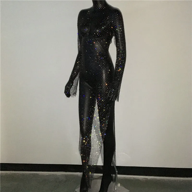 Shiny Rhinestones Grid Long Dress See Through Long Sleeves Fishnet Side Slit Long Dresses Chic Summer Beach Cover Up