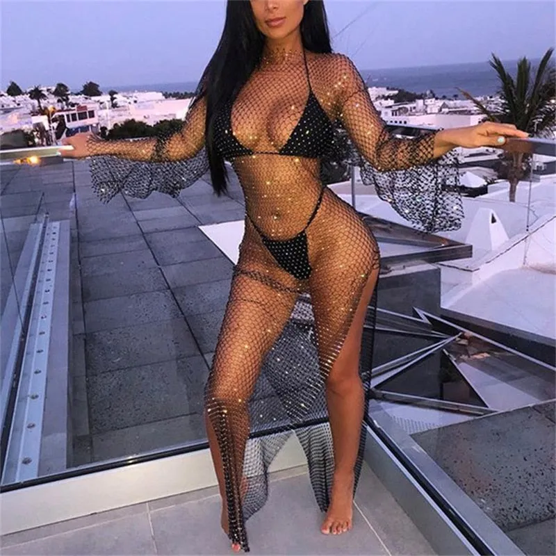 Shiny Rhinestones Grid Long Dress See Through Long Sleeves Fishnet Side Slit Long Dresses Chic Summer Beach Cover Up