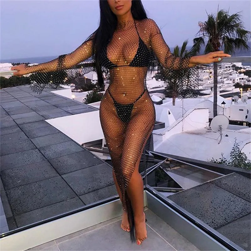 Shiny Rhinestones Grid Long Dress See Through Long Sleeves Fishnet Side Slit Long Dresses Chic Summer Beach Cover Up
