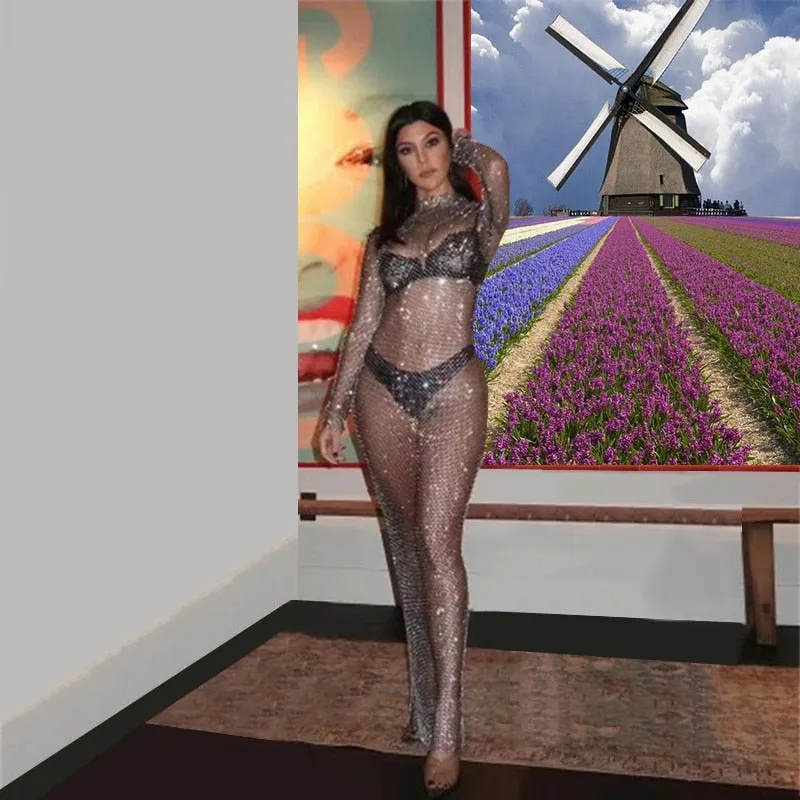 Shiny Rhinestones Grid Long Dress See Through Long Sleeves Fishnet Side Slit Long Dresses Chic Summer Beach Cover Up