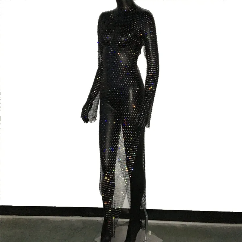 Shiny Rhinestones Grid Long Dress See Through Long Sleeves Fishnet Side Slit Long Dresses Chic Summer Beach Cover Up