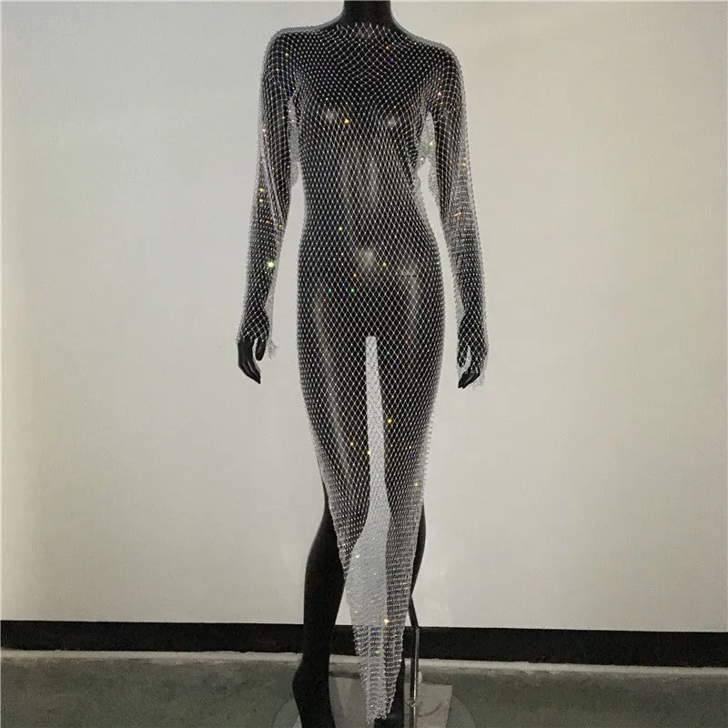 Shiny Rhinestones Grid Long Dress See Through Long Sleeves Fishnet Side Slit Long Dresses Chic Summer Beach Cover Up