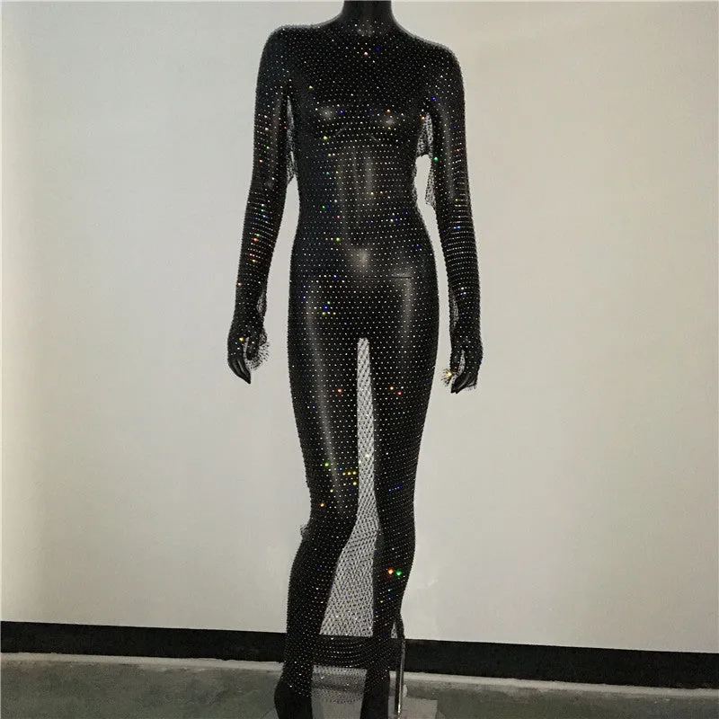 Shiny Rhinestones Grid Long Dress See Through Long Sleeves Fishnet Side Slit Long Dresses Chic Summer Beach Cover Up
