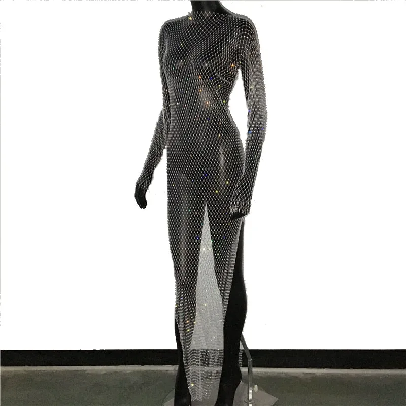 Shiny Rhinestones Grid Long Dress See Through Long Sleeves Fishnet Side Slit Long Dresses Chic Summer Beach Cover Up