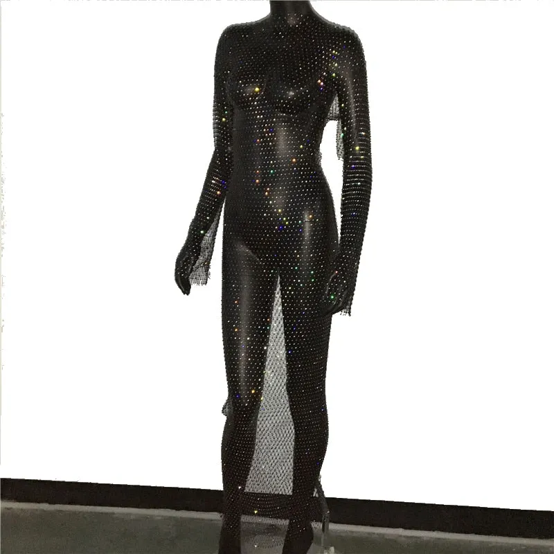 Shiny Rhinestones Grid Long Dress See Through Long Sleeves Fishnet Side Slit Long Dresses Chic Summer Beach Cover Up
