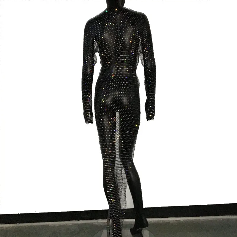 Shiny Rhinestones Grid Long Dress See Through Long Sleeves Fishnet Side Slit Long Dresses Chic Summer Beach Cover Up