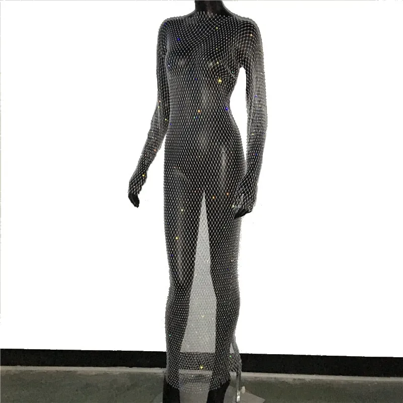 Shiny Rhinestones Grid Long Dress See Through Long Sleeves Fishnet Side Slit Long Dresses Chic Summer Beach Cover Up