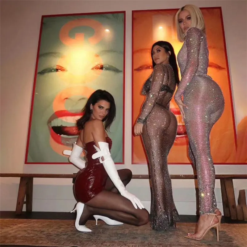 Shiny Rhinestones Grid Long Dress See Through Long Sleeves Fishnet Side Slit Long Dresses Chic Summer Beach Cover Up