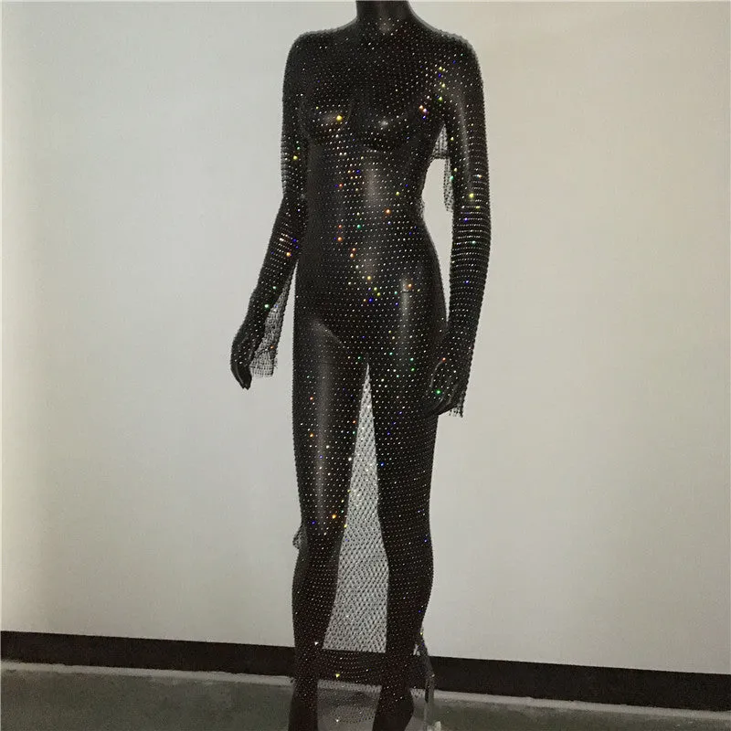 Shiny Rhinestones Grid Long Dress See Through Long Sleeves Fishnet Side Slit Long Dresses Chic Summer Beach Cover Up
