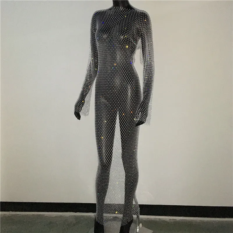 Shiny Rhinestones Grid Long Dress See Through Long Sleeves Fishnet Side Slit Long Dresses Chic Summer Beach Cover Up