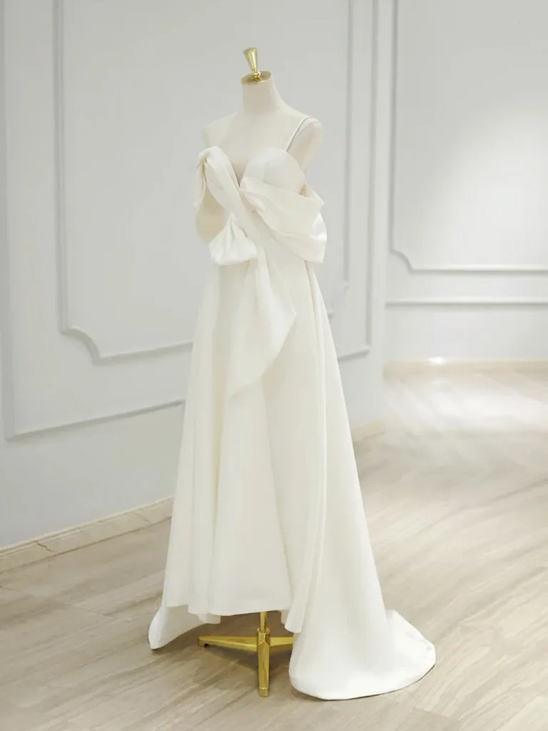 Simple off Shoulder Satin White Long Prom Dress, White Long Evening Dress
