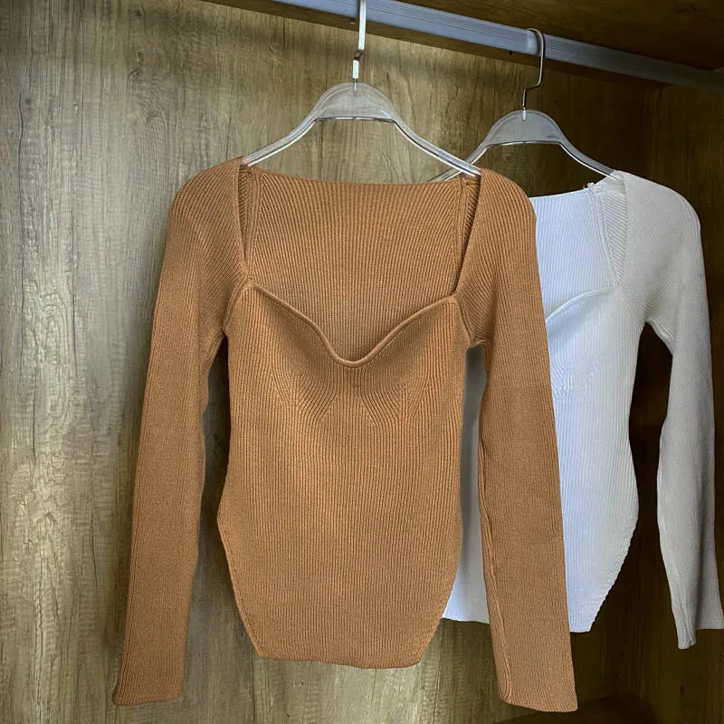 Square Collar Long Sleeve Knitted Pullover Spring Autumn Sweater Winter Top Jumper