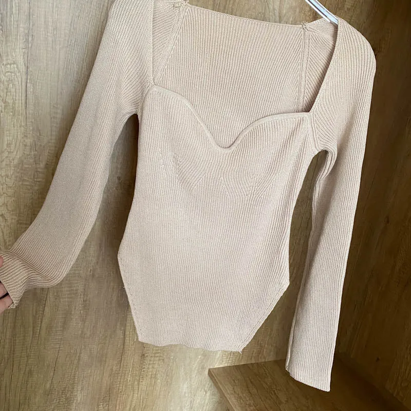 Square Collar Long Sleeve Knitted Pullover Spring Autumn Sweater Winter Top Jumper