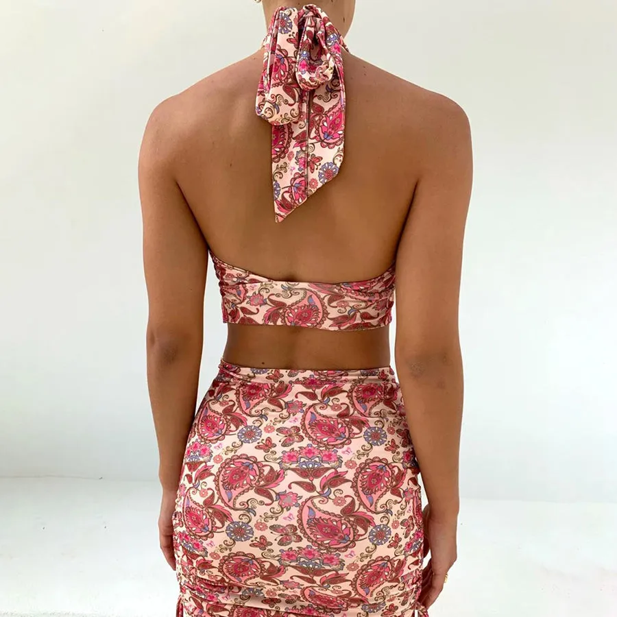 Summer Elegant Floral Print 2 Piece Halter Sleeveless Cross Tops Stacked Drawstring Skirt Set