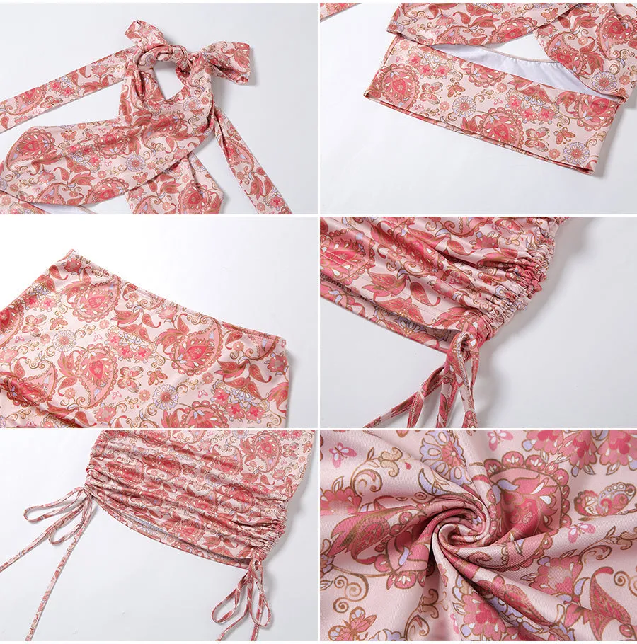Summer Elegant Floral Print 2 Piece Halter Sleeveless Cross Tops Stacked Drawstring Skirt Set
