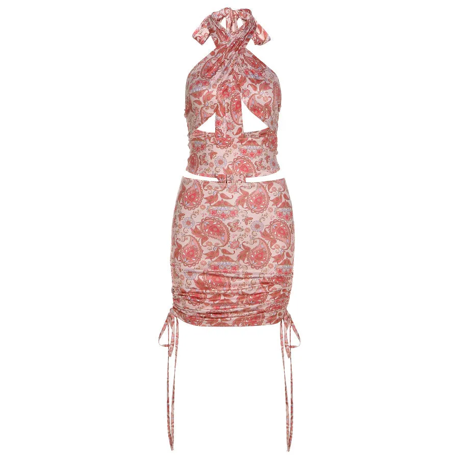 Summer Elegant Floral Print 2 Piece Halter Sleeveless Cross Tops Stacked Drawstring Skirt Set
