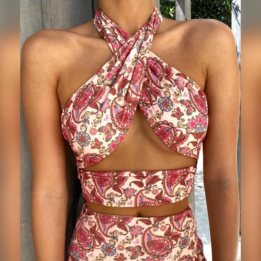 Summer Elegant Floral Print 2 Piece Halter Sleeveless Cross Tops Stacked Drawstring Skirt Set