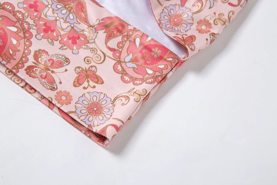 Summer Elegant Floral Print 2 Piece Halter Sleeveless Cross Tops Stacked Drawstring Skirt Set