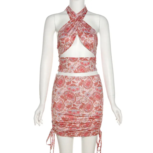 Summer Elegant Floral Print 2 Piece Halter Sleeveless Cross Tops Stacked Drawstring Skirt Set