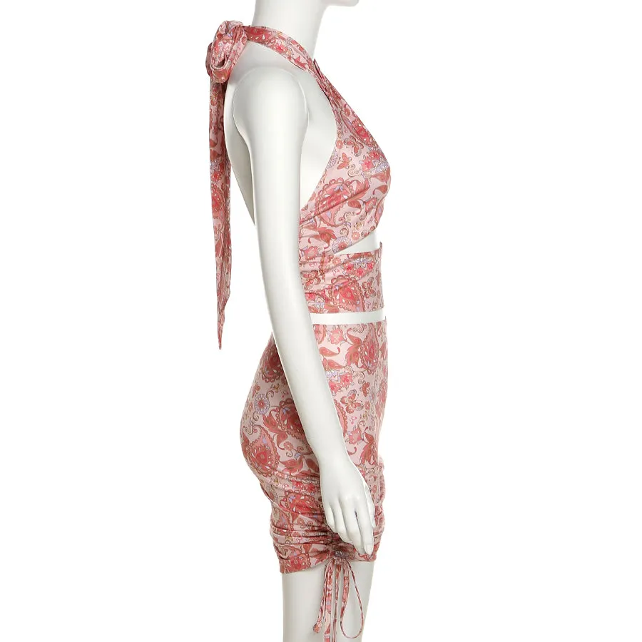 Summer Elegant Floral Print 2 Piece Halter Sleeveless Cross Tops Stacked Drawstring Skirt Set