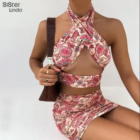 Summer Elegant Floral Print 2 Piece Halter Sleeveless Cross Tops Stacked Drawstring Skirt Set
