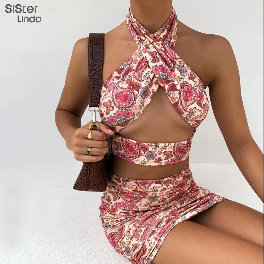 Summer Elegant Floral Print 2 Piece Halter Sleeveless Cross Tops Stacked Drawstring Skirt Set