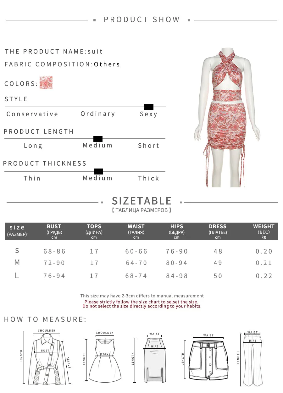 Summer Elegant Floral Print 2 Piece Halter Sleeveless Cross Tops Stacked Drawstring Skirt Set