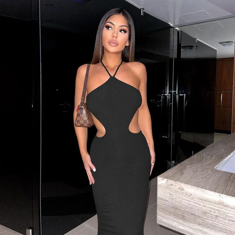Summer Halter Maxi Dress Elegant Sexy Sleeveless Backless Club Party Cutout Bandage Dresses