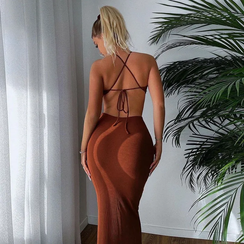 Summer Halter Maxi Dress Elegant Sexy Sleeveless Backless Club Party Cutout Bandage Dresses