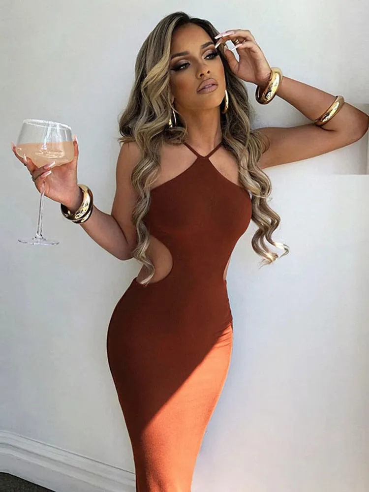 Summer Halter Maxi Dress Elegant Sexy Sleeveless Backless Club Party Cutout Bandage Dresses
