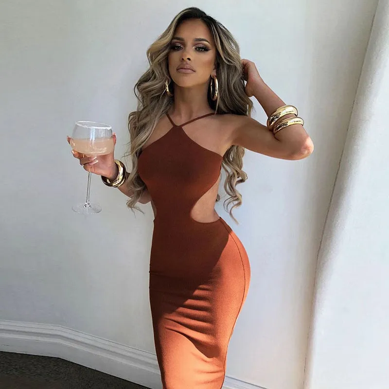 Summer Halter Maxi Dress Elegant Sexy Sleeveless Backless Club Party Cutout Bandage Dresses