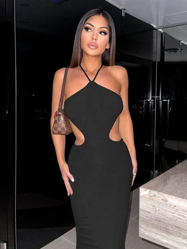Summer Halter Maxi Dress Elegant Sexy Sleeveless Backless Club Party Cutout Bandage Dresses