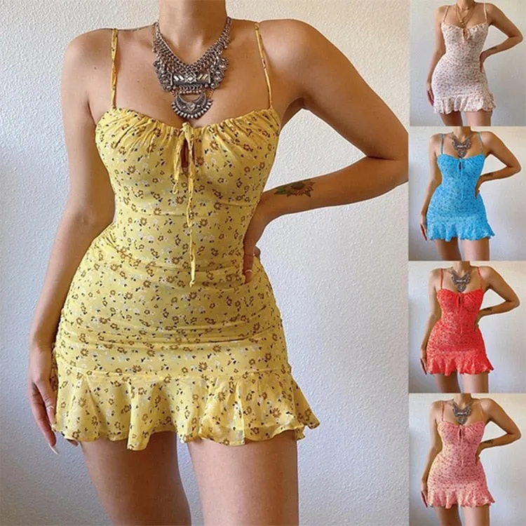 Summer Sling Hollow Short Casual High Street Print Floral Middle Waist Sleeveless Beach Dress