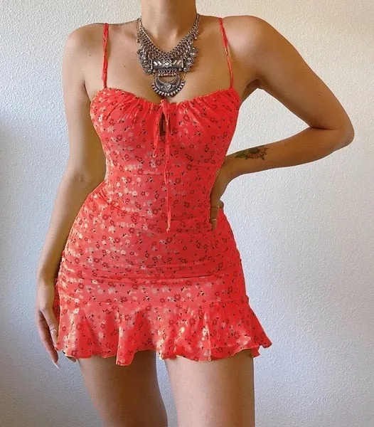Summer Sling Hollow Short Casual High Street Print Floral Middle Waist Sleeveless Beach Dress