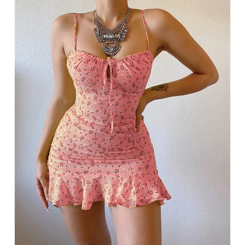 Summer Sling Hollow Short Casual High Street Print Floral Middle Waist Sleeveless Beach Dress