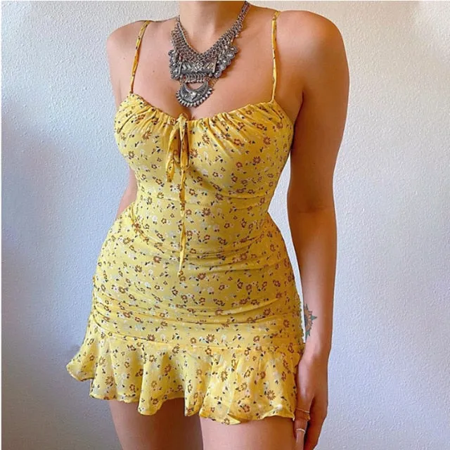 Summer Sling Hollow Short Casual High Street Print Floral Middle Waist Sleeveless Beach Dress