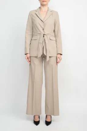 Tahari ASL Shawl Collar Long Sleeves 2 Button Self Waist Tie Jacket With Matching Crepe Pants