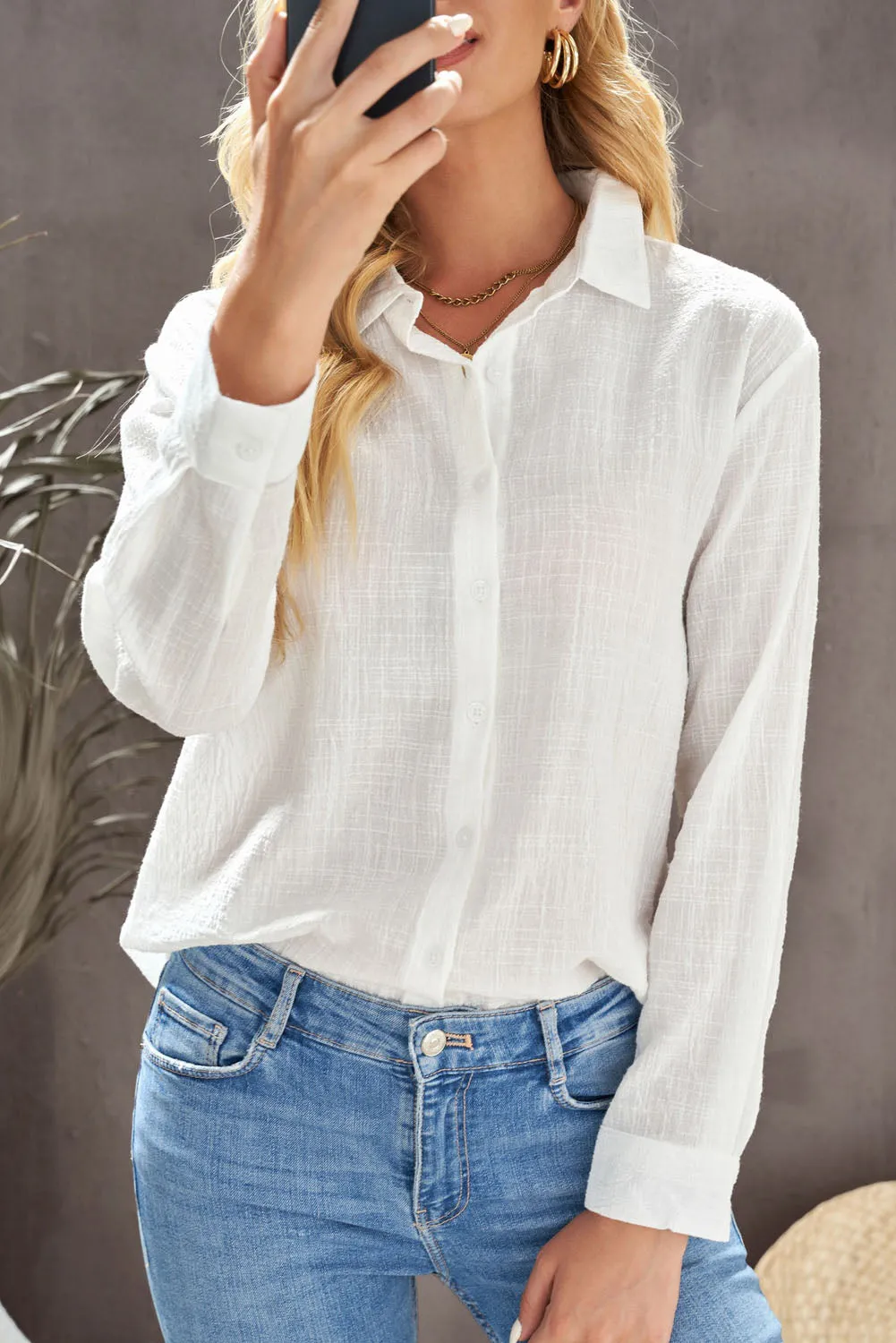 Textured Solid Color Basic Shirt for Women