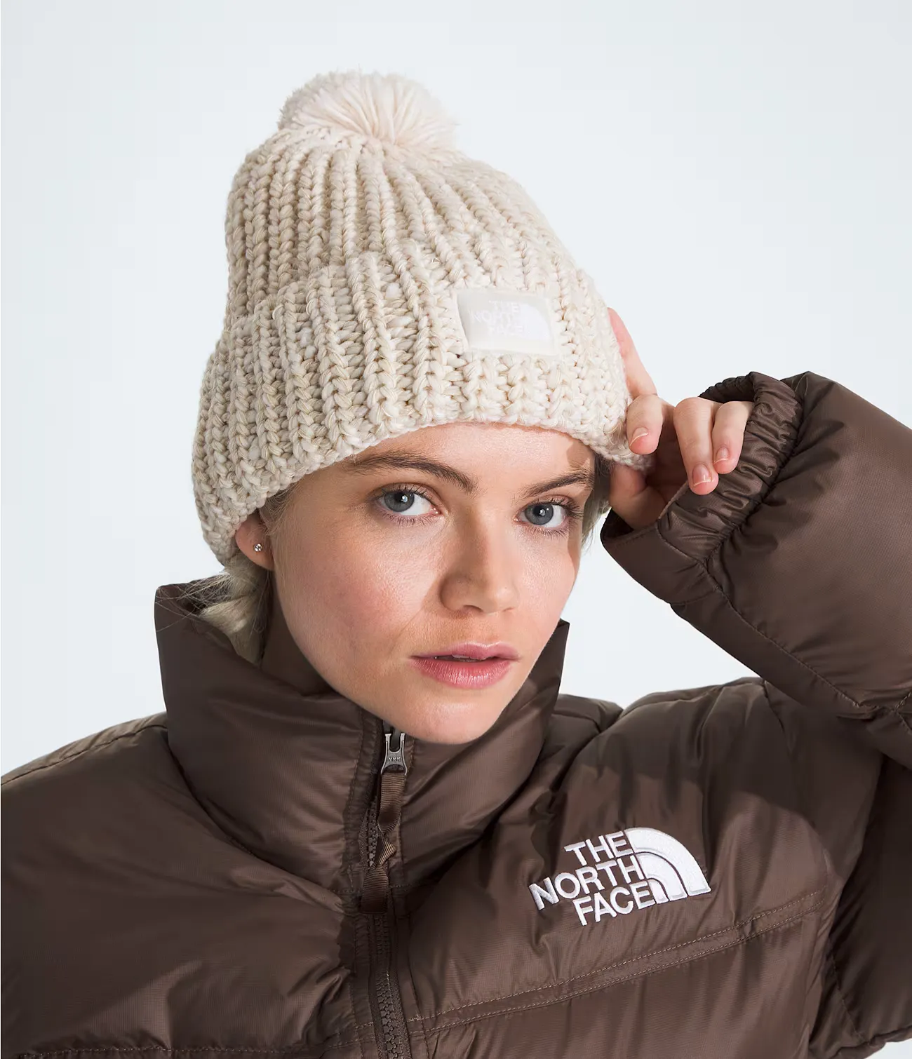 The North Face Cozy Chunky Cabin Beanie in Gardenia White/Gravel/Khaki Stone/Gardenia White