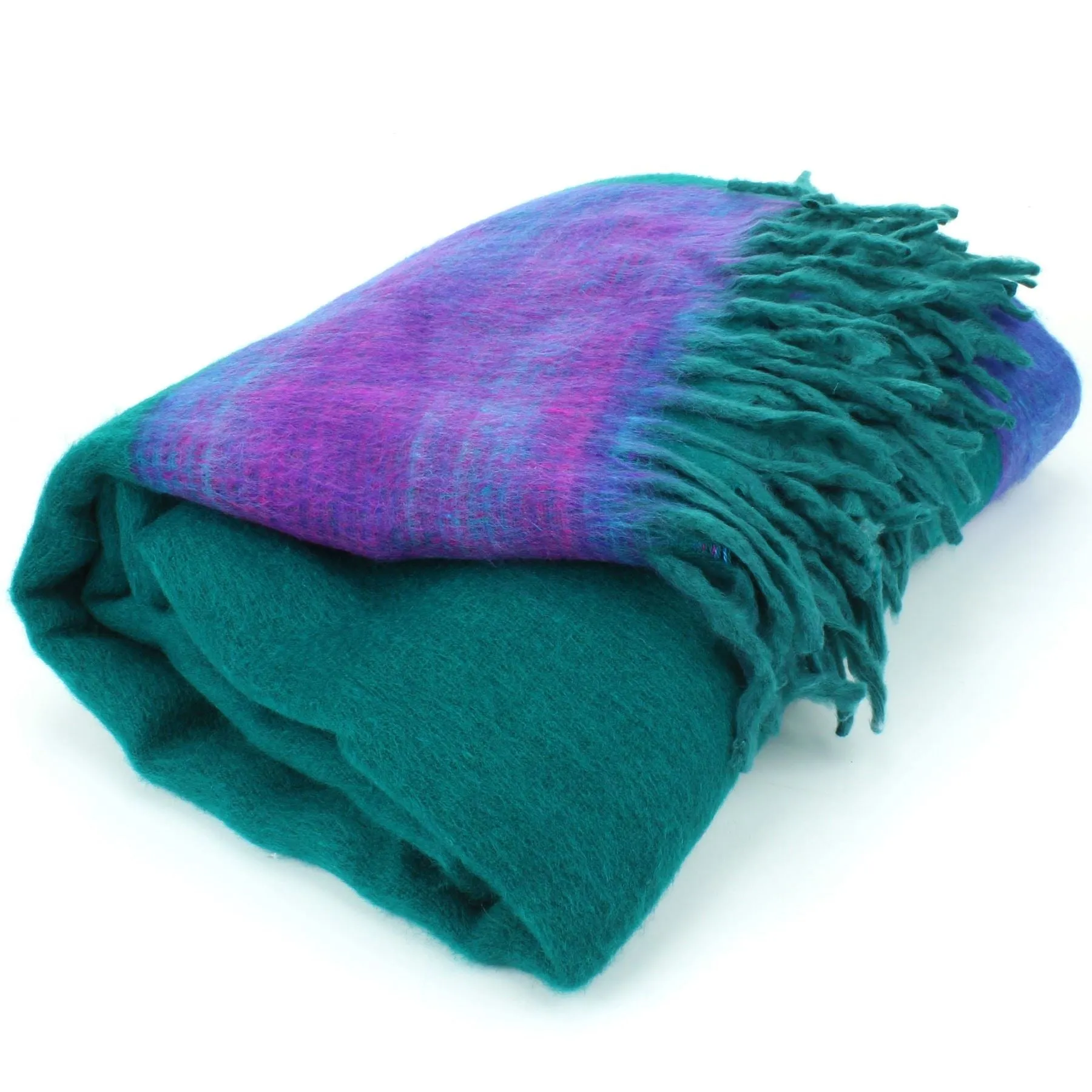 Tibetan Wool Blend Shawl Blanket - Teal with Purple Reverse