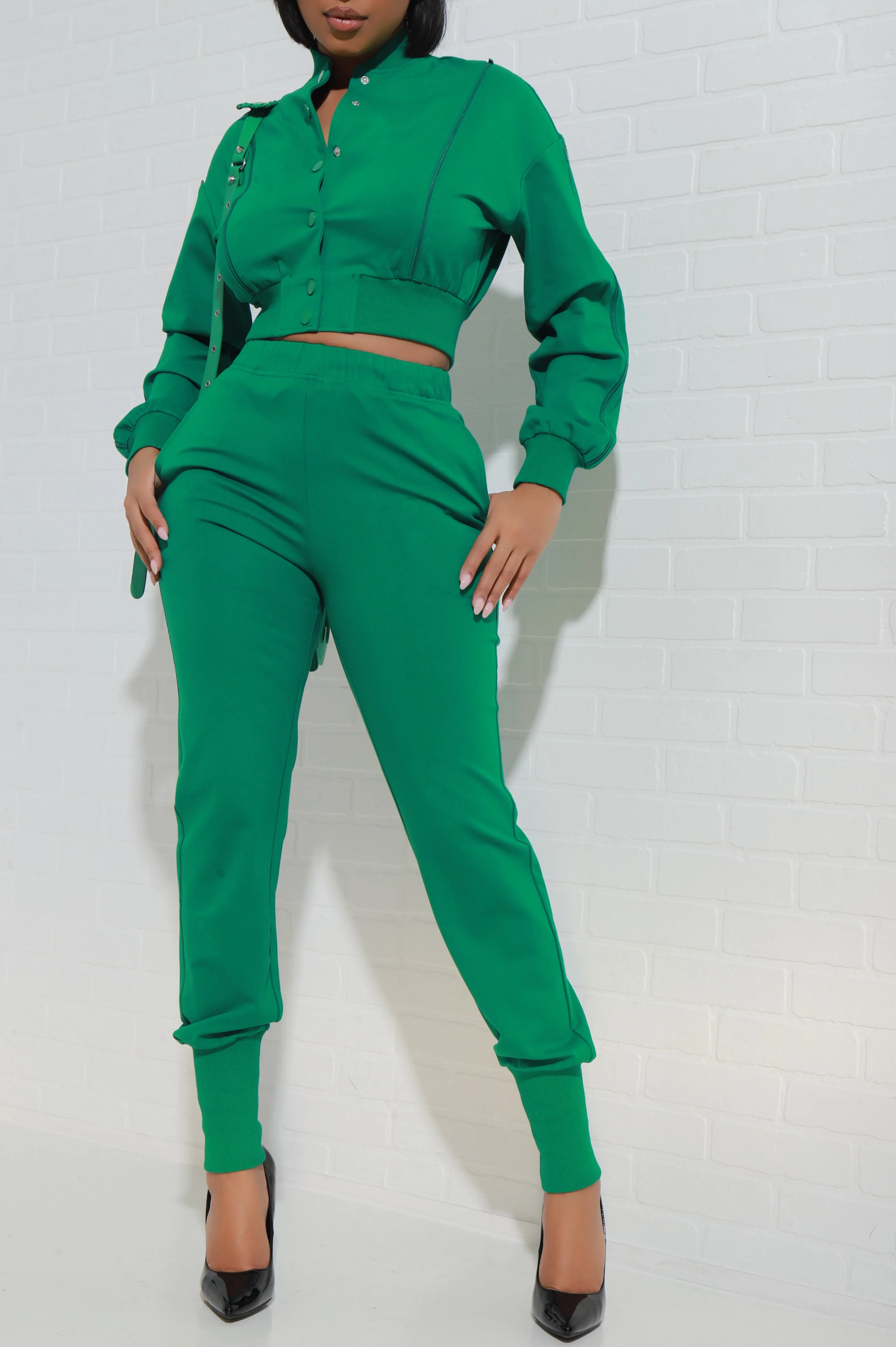 Top Priority Zippered Cropped Jogger Set - Green
