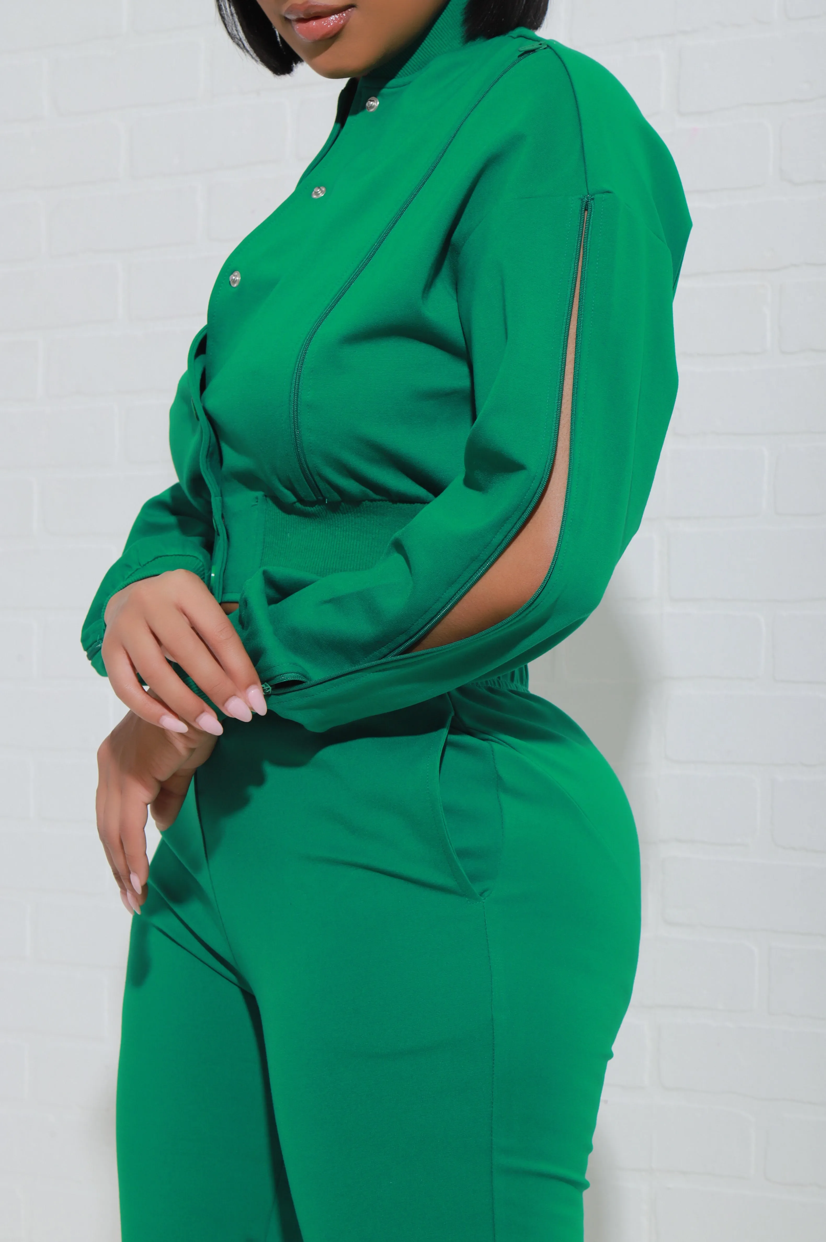 Top Priority Zippered Cropped Jogger Set - Green