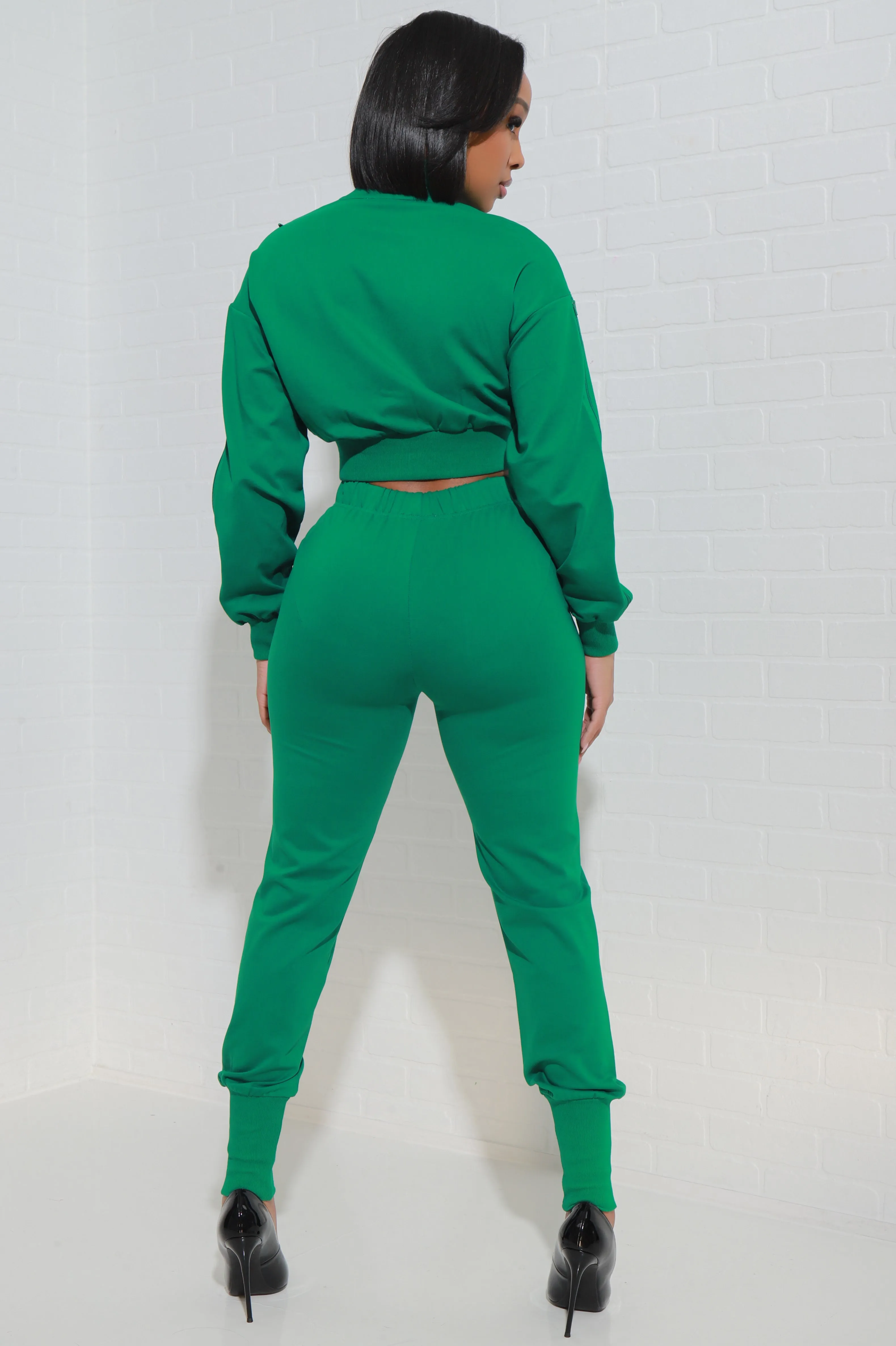 Top Priority Zippered Cropped Jogger Set - Green