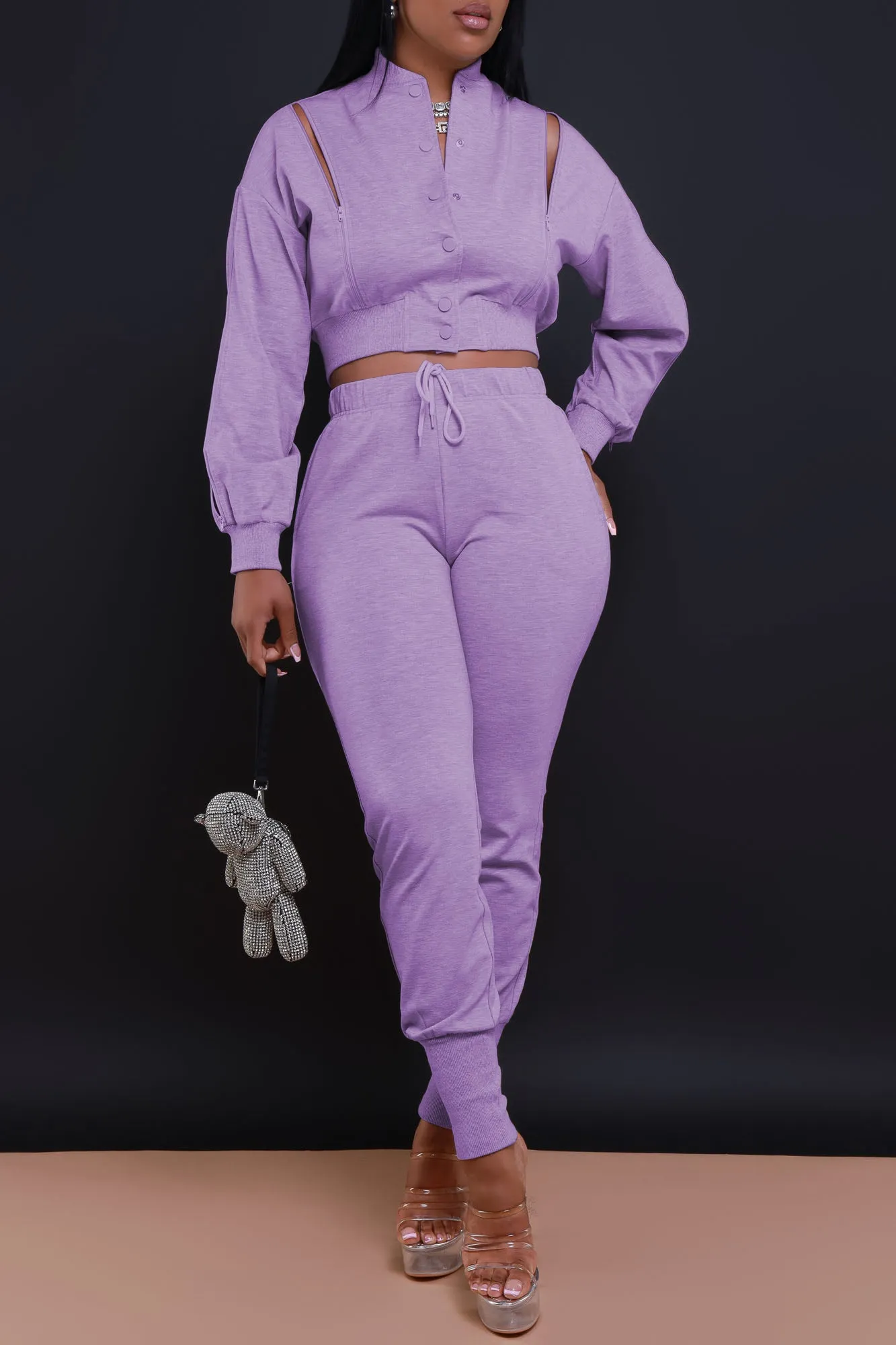 Top Priority Zippered Cropped Jogger Set - Lavender