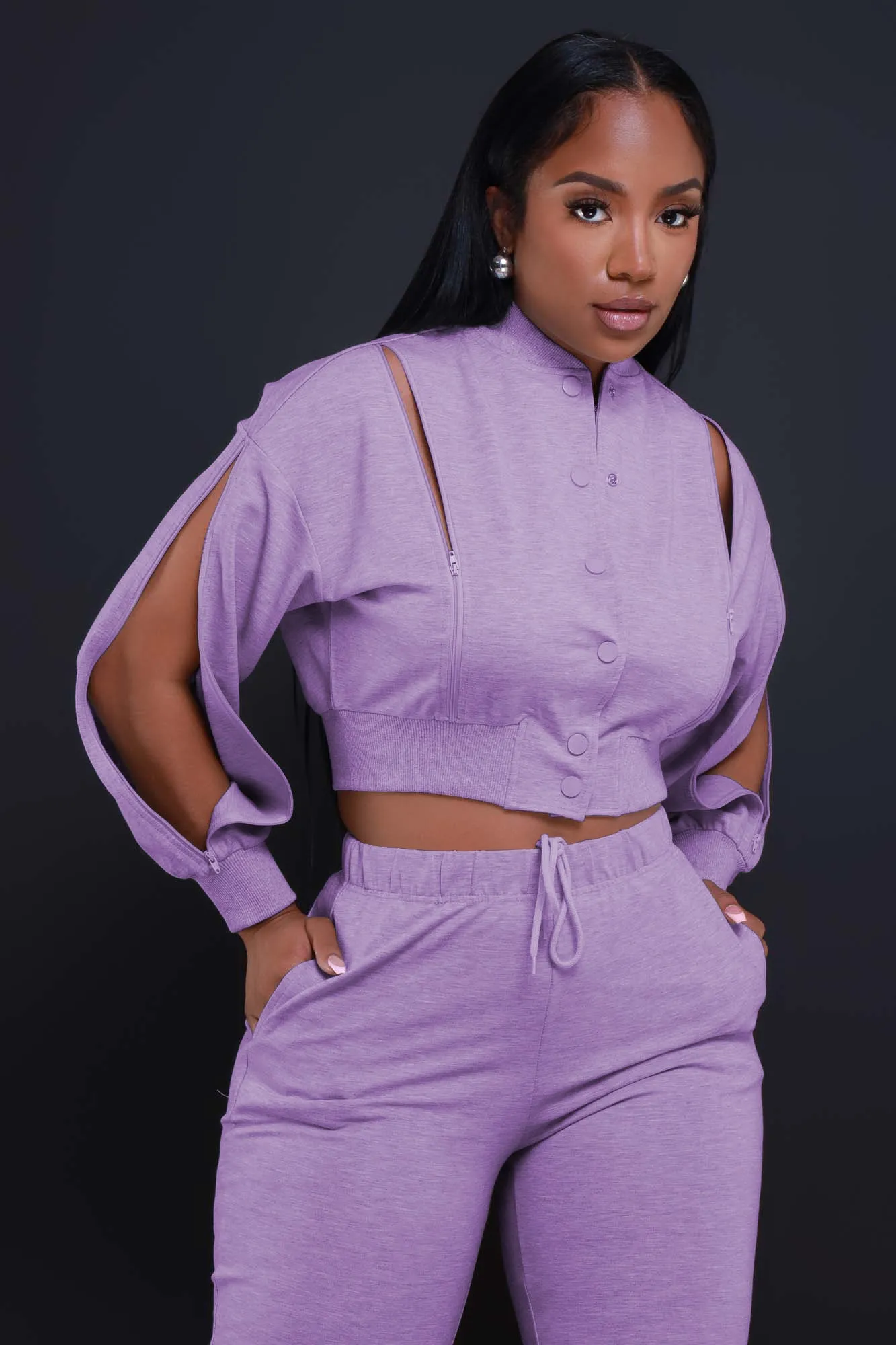 Top Priority Zippered Cropped Jogger Set - Lavender