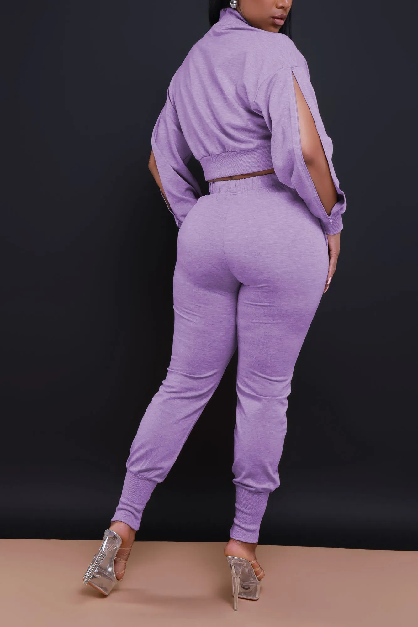 Top Priority Zippered Cropped Jogger Set - Lavender